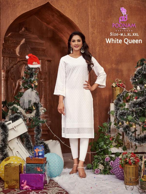Poonam White Queen Casual Wear Chikan Work Kurtis